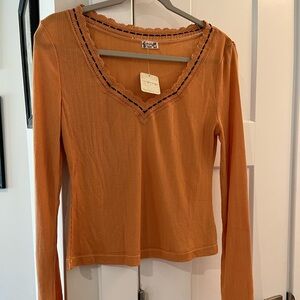 Free People Orange Scalloped V-Neck Long Sleeve Top NWT